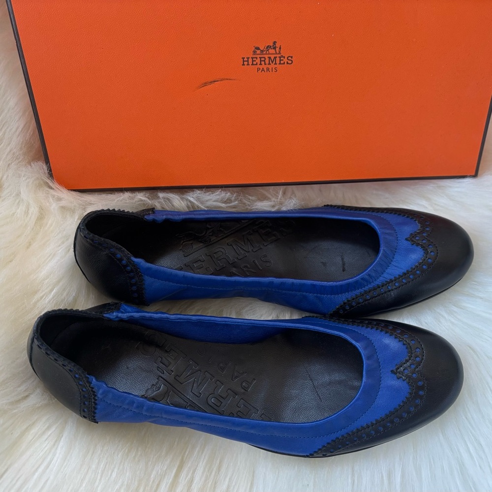 Brand New Authentic Hermes Blue Leather Brogue Ballets Flats 6.5” 37